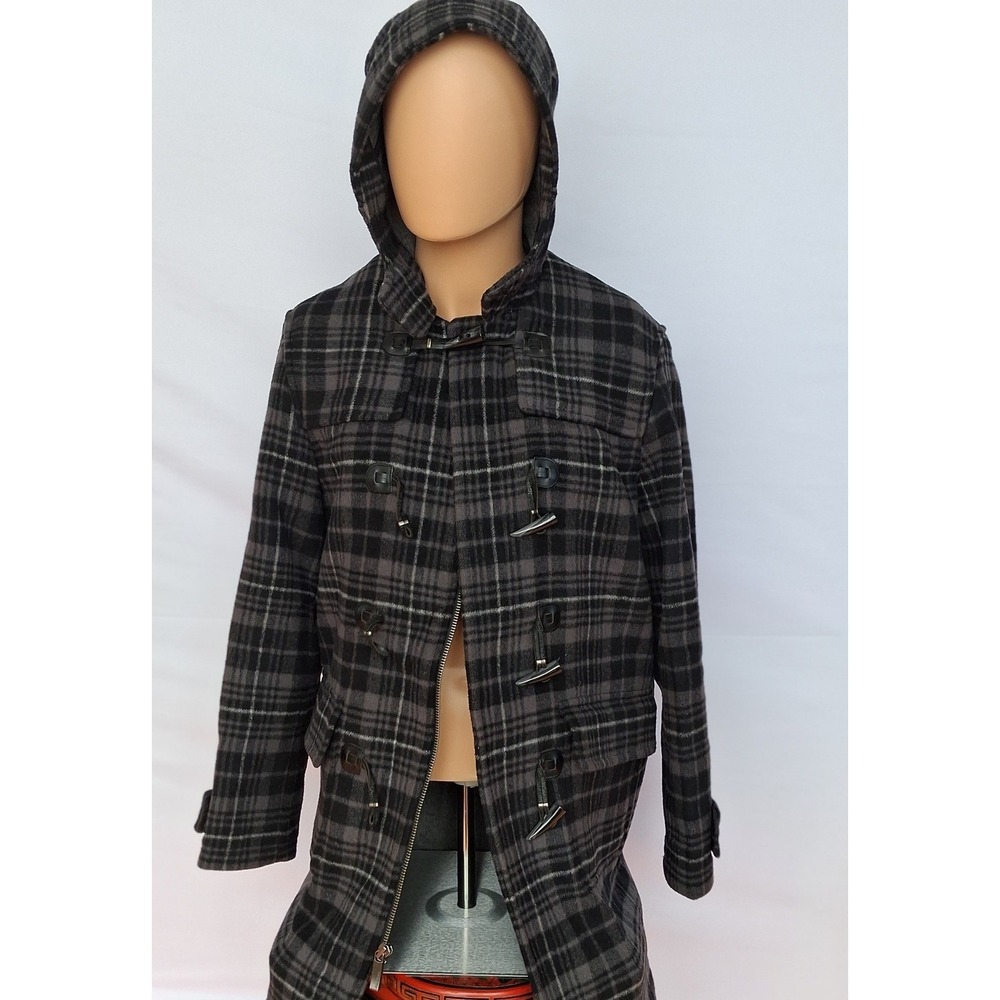 Perry Ellis Mens Grey Plaid Wool Blend Hooded Duffle Coat Toggle Zip Front Small